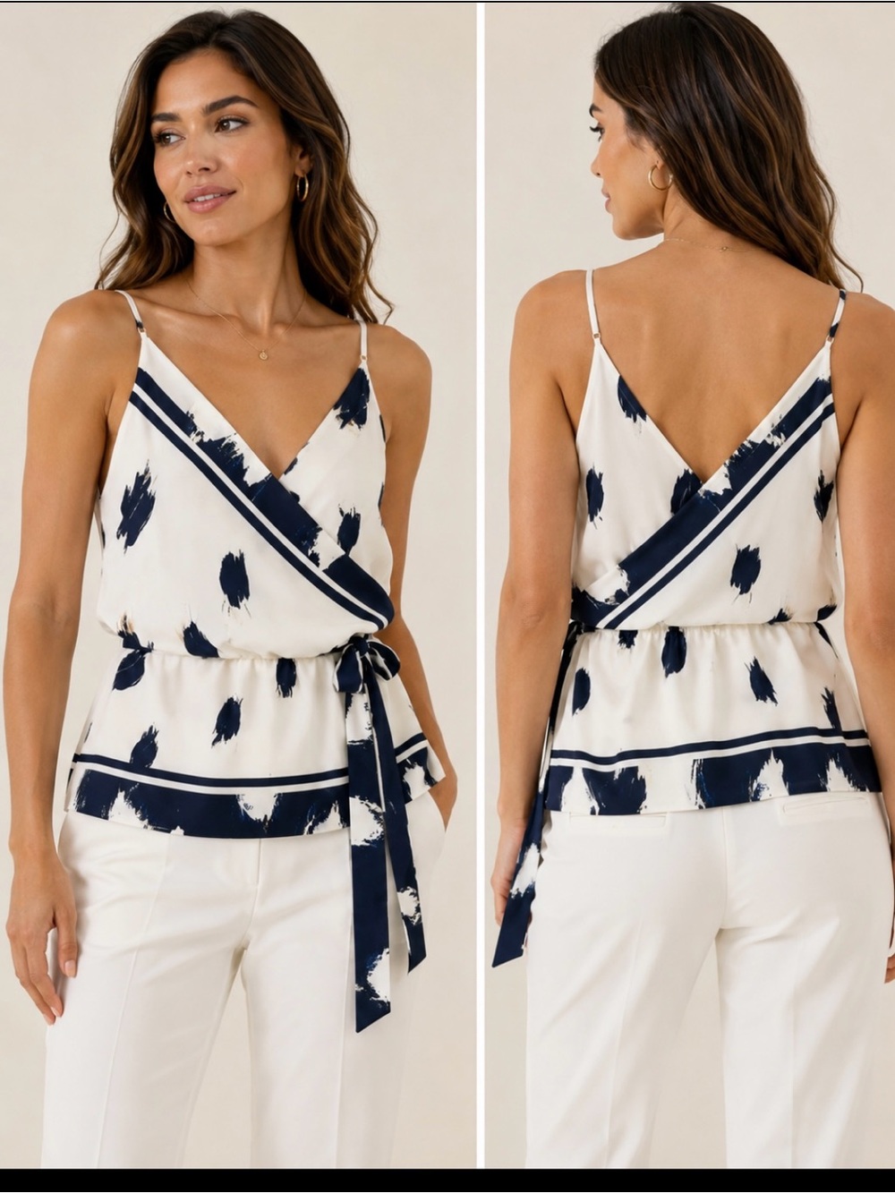 Banana Republic White and Navy Brushstroke Tie-Waist Mini Top